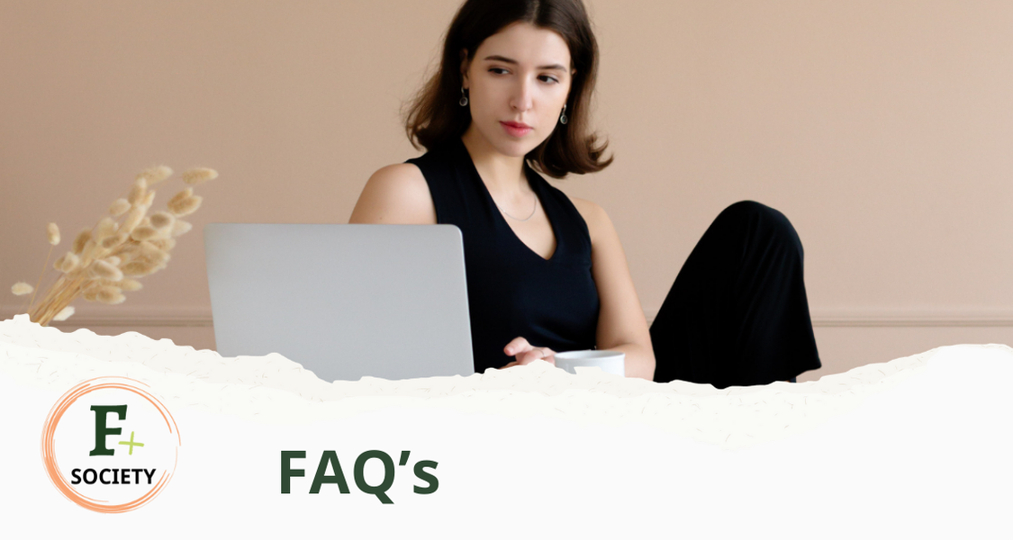 A woman sits behind her laptop. At the bottom of the picture is a banner with the text: FAQ's
