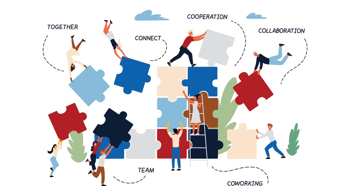 This is a comic illustration. In the center are puzzle pieces in different colors, some of which fit together, some of which are still disordered. The puzzle pieces are pushed from different directions by comic figures. The following slogans are placed around them in English: Together, Connect, Cooperation, Collaboration, Team, Coworking.