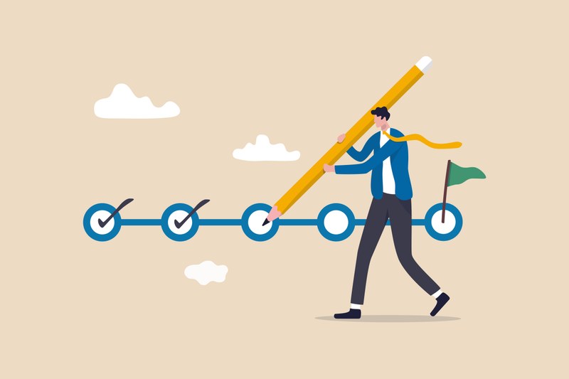 In the background you can see a horizontal line connecting small circles. A little flag is depicted at the end of the line. In the foreground is a cartoon character with a large pencil. The figure is ticking off one circle after the other in the direction of the little flag.