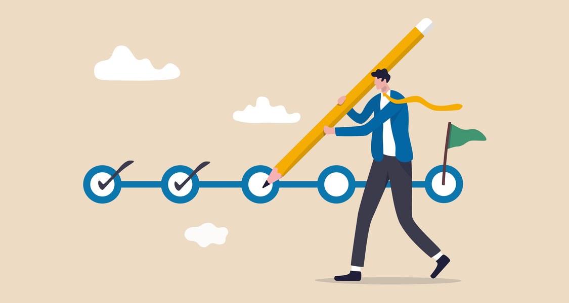 In the background you can see a horizontal line connecting small circles. A little flag is depicted at the end of the line. In the foreground is a cartoon character with a large pencil. The figure is ticking off one circle after the other in the direction of the little flag.