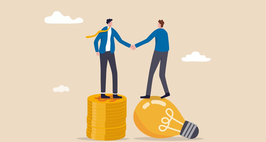 Two cartoon characters can be seen shaking hands. One cartoon character is standing on a pile of coins, the other on a glowing light bulb.