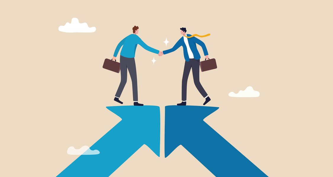 Two cartoon characters can be seen shaking hands. The cartoon characters are each standing on the tip of an arrow. Both arrows point diagonally upwards and meet at the tip.