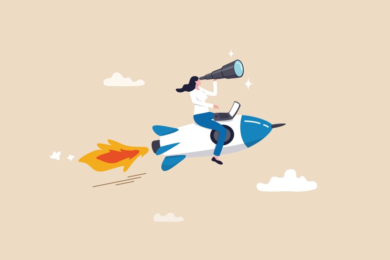 It is a comic illustration. In the center is a woman sitting on a flying rocket. She has a notebook on her lap and is looking through large binoculars in the direction of flight.