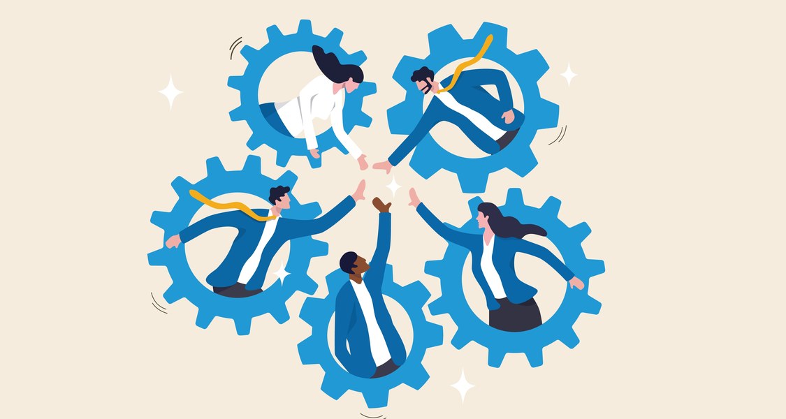 It is a comic-like illustration. There are 5 cogwheels arranged in a circle. A cartoon character is looking out from the center of each cogwheel with its upper body. All the cartoon characters have one hand stretched out towards the center. The hands are almost touching.