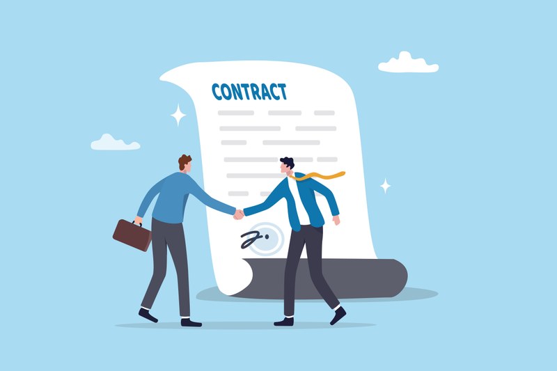 Two cartoon characters are depicted shaking hands. In the background you can see a piece of paper with the title “Contract”. Text is indicated underneath and a signature can be seen at the bottom.