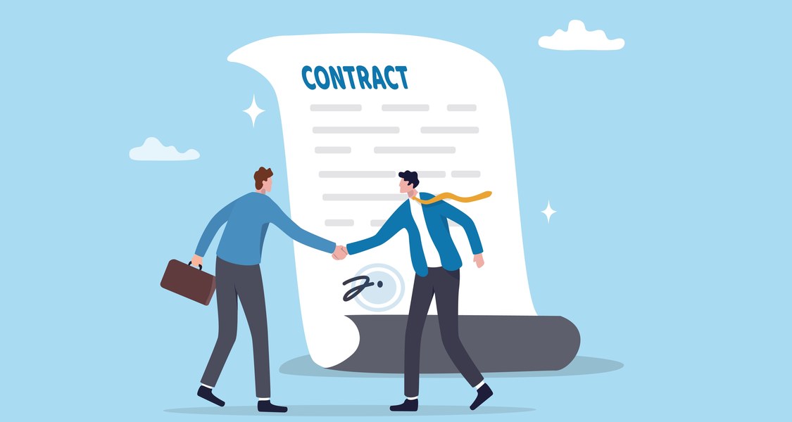 Two cartoon characters are depicted shaking hands. In the background you can see a piece of paper with the title “Contract”. Text is indicated underneath and a signature can be seen at the bottom.