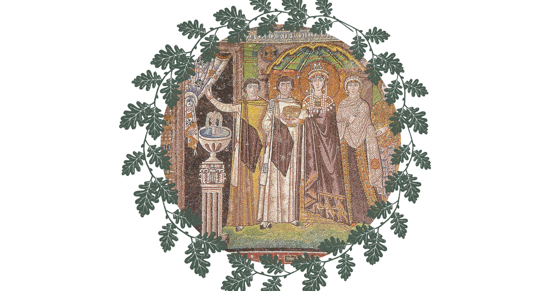 A circular cut-out of a mosaic depicts the Byzantine emperor and empress in a garden with a fountain and surrounded by leaves