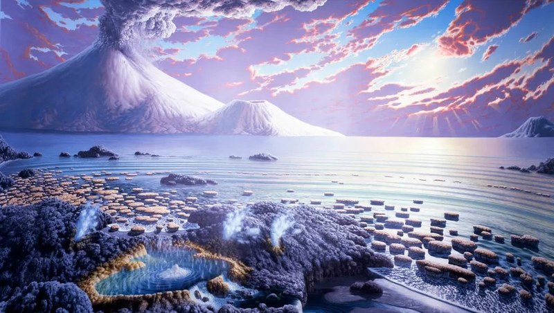 Drawing of a hypothetical view into the Archaean coastal ocean with active volcanoes in the background, and geyser-like environments in the front. The coastline is characterized by abundant stromatolites.