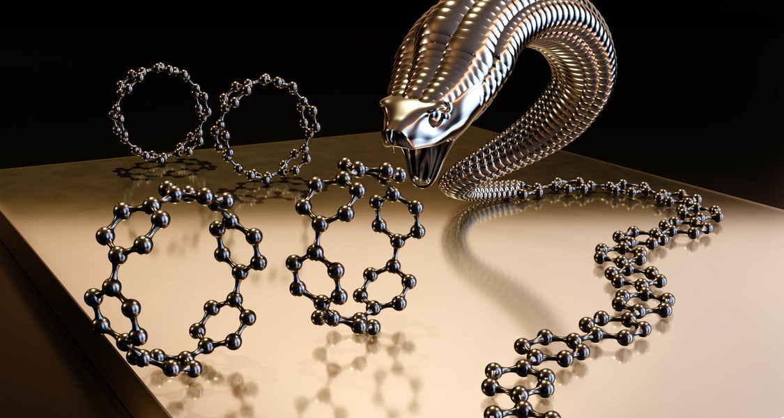 The illustration shows how ring-shaped molecules become long chains of a conductive polymer