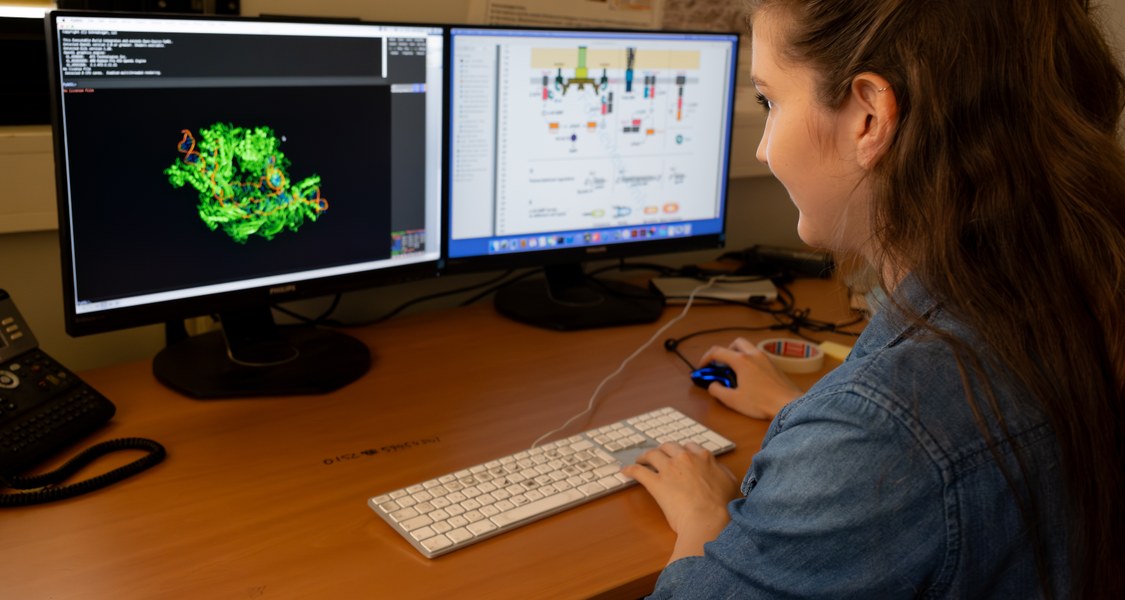 Studierende der Chemie betrachtet an einem Bildschirm die dreidimensionale Darstellung einer chemischen Substanz