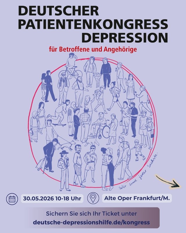 The picture shows a promotional poster for the "Deutsche Patientenkongress Depression" featuring many different people.