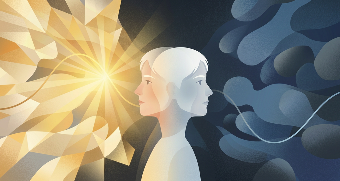 The image generated using Perplexity depicts the two emotional states of a person suffering from bipolar disorder who fluctuates between manic and depressive phases.