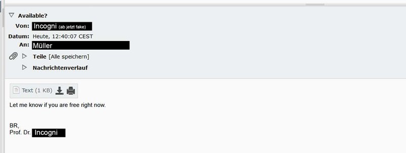 The screenshot shows the first email in the correspondence between the scammer, posing as Incogni, and the student Müller. The subject is “Available?”. The fake Incogni asks Müller to let him know if he is currently available. The message ends with “Best regards, Prof. Dr Incogni.”