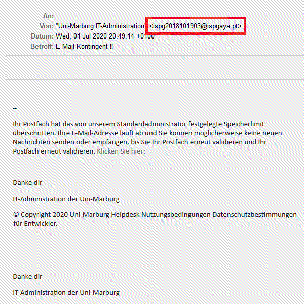 The screenshot shows an e-mail that appears to be from "Uni-Marburg IT-Administration" using the address ispg2018101903@ispgaya.pt. No recipient is specified. The subject is "Email contingent !!!". The message informs the recipient that their mailbox has exceeded its storage limit and warns that the email address will expire unless the mailbox is revalidated. The text includes a link labeled “Click here”. The e-mail ends with the phrase "Thank you" repeated twice and "IT-Administration of the University of Marburg." Below that appears a copyright notice for 2020 Uni-Marburg Helpdesk, with mentions of terms of use and privacy policy for developers.