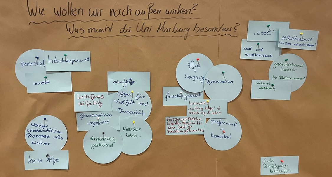 Presentation board with a compilation titled "How do we want to appear to the outside world?" and "What makes the University of Marburg special?" (original in German)