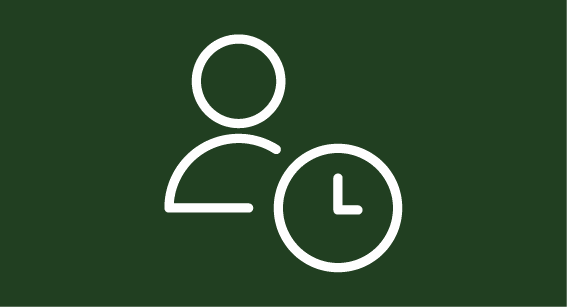 A stylised figure next to a clock, depicted as white outline icons on a dark green background.