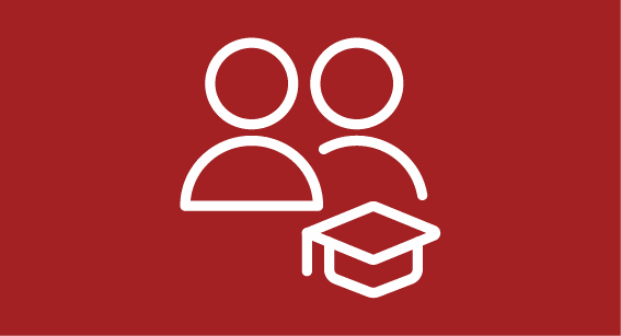 Two stylised figures wearing doctoral caps, depicted as white outline icons on a red background.