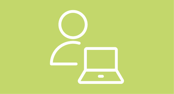 A stylised figure next to a laptop, depicted as a white icon on a light green background.