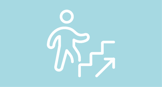 A stylised figure climbing a flight of stairs, depicted as a white outline icon against a light blue background.