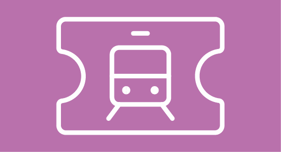 A ticket icon featuring a stylised train on a purple background.